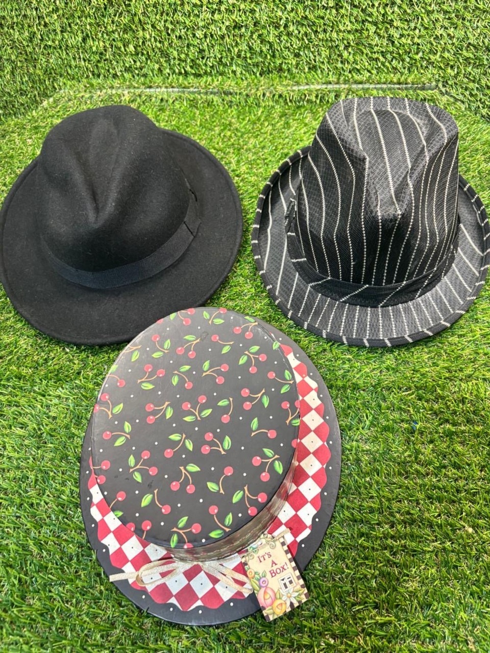 Weatherproof Wool Fedora, Striped Fedora & Mary Engelbreit Hat Box Lot